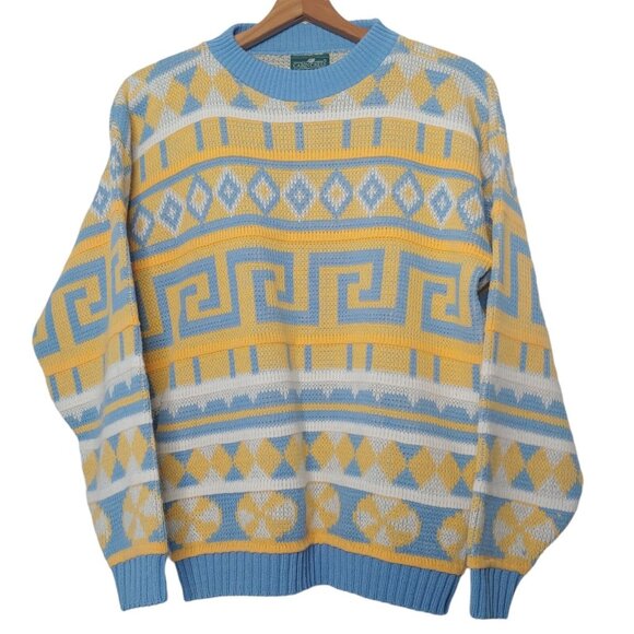 Vintage 90s Cabin Creek Womens M Sweater Geometric Blue Yellow Pullover Retro - Picture 1 of 7
